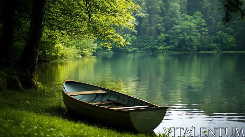 Quiet rowboat waiting under emerald lakeside canopy.