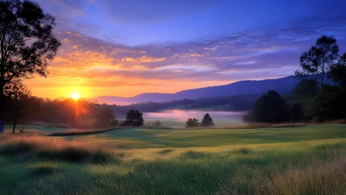 Sunrise illuminates misty valley golf course with radiant gradients