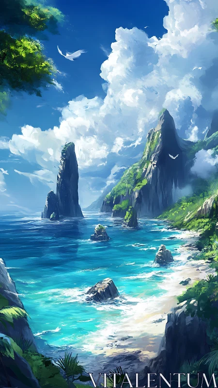 Tropical Paradise: Where Emerald Cliffs Meet Azure Waters.