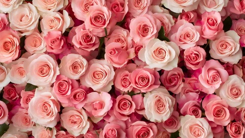 Dense cluster of fresh pink and cream roses at full bloom stage.