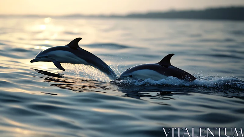Dolphin pair breaching at golden hour over rippled seascape