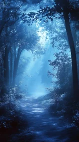 Woodland Path with Blue Light Filtering Through Dense Canopy.