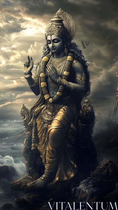 Storm-kissed sea deity in gilded serenity over waves.