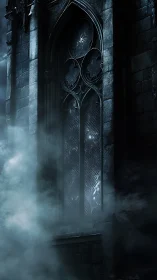 Gothic stone window in dense fog at night.