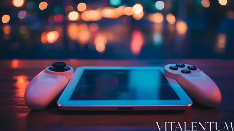 Gaming console and wireless controllers in neon-lit urban environment