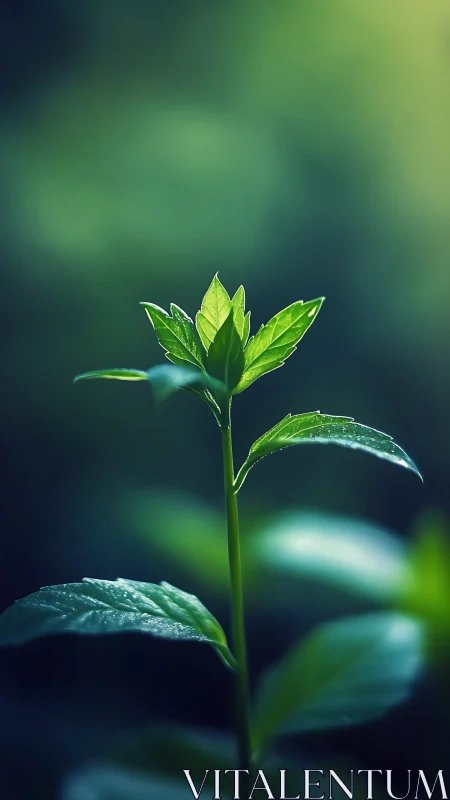 Newborn green stem reaches into quiet forest daybreak.
