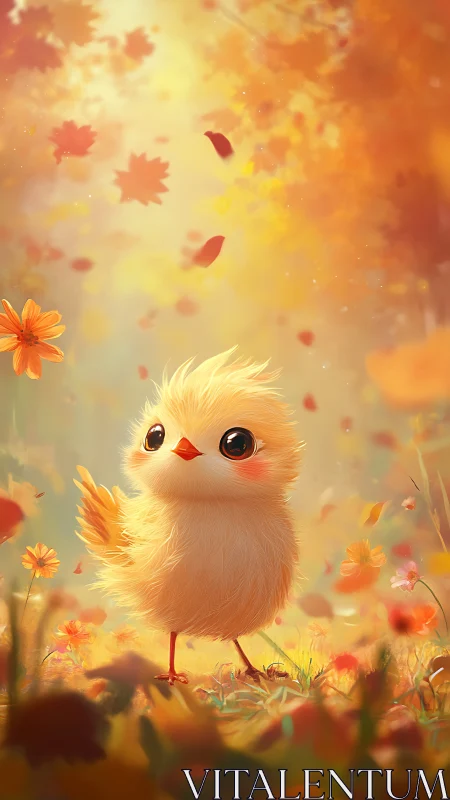 Soft-Feathered Yellow Chick in Autumn Flower Field with Falling Leaves