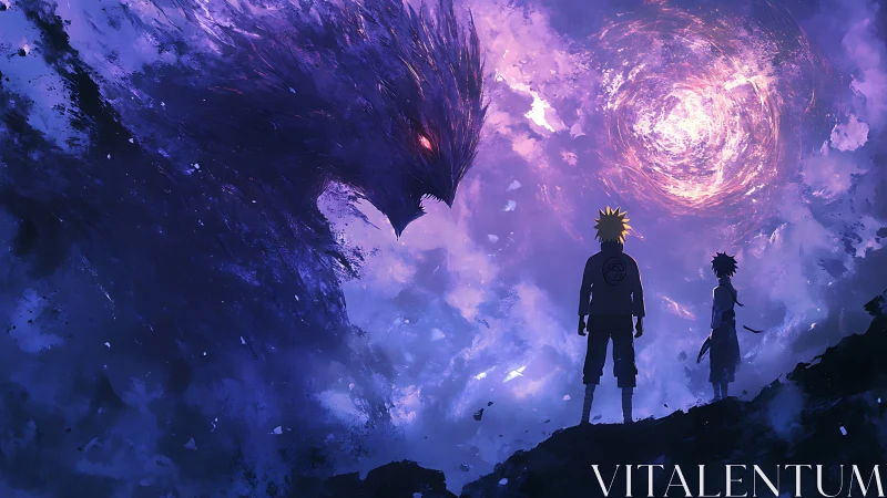 Silhouetted warriors confront colossal void beast in nebular storm