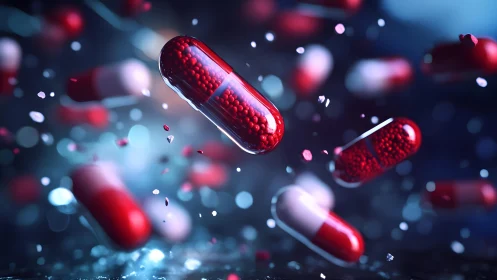 Red and White Capsules Floating in Dramatic Digital Art Scene.