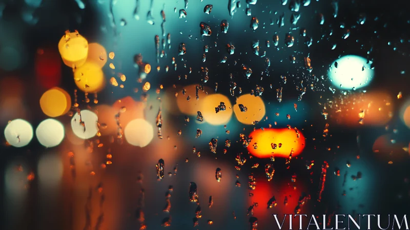 Rain-covered glass over blurred city lights at night.