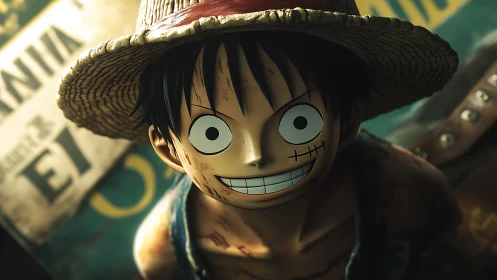 Straw hat grin and playful pirate courage in close-up portrait.