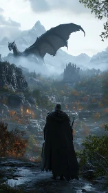 Lone armored knight confronts looming dragon above citadel.