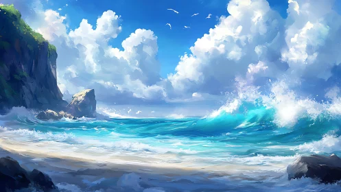 Sunlit waves and cloud castles along a secret shore.