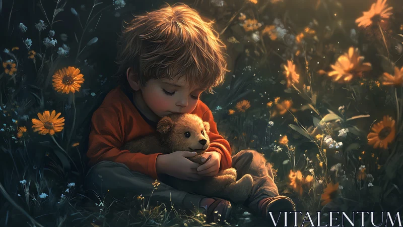 Little dreamer cuddling a teddy in a golden flower meadow.