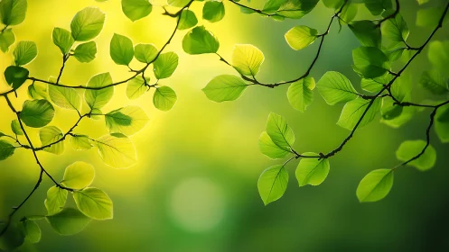 Sunlit Green Leaves on Branches in Soft Nature Background.