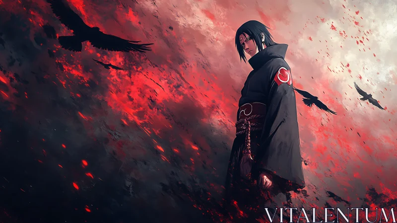 Solitary dark‑robed shinobi amid crimson crow‑filled maelstrom