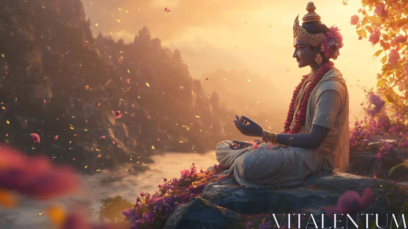 Serene divine figure meditates beside glowing river valley