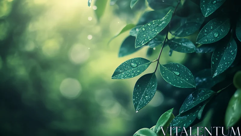 Close-up green leaves with raindrops in soft forest light.