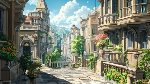 Sunlit terrace street above a lush, ornate hillside cityscape.