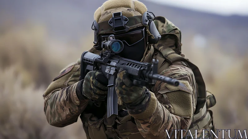 Tactical operator aims carbine with optic on blurred desert terrain