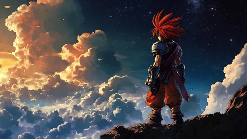 Sky-edge warrior greeting daybreak over roaring clouds.