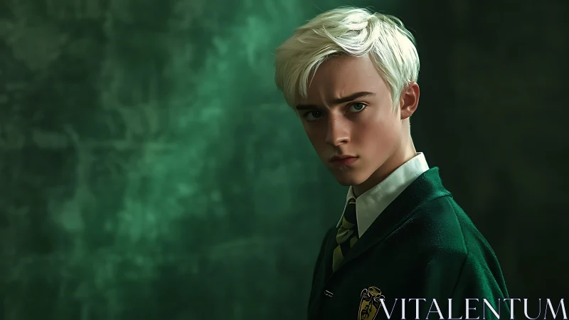 Blond schoolboy in green uniform, cinematic three quarter portrait