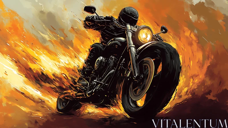Motorcycle rider cuts through explosive swirling firestorm.