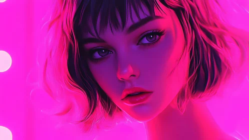 Neon siren gazes through electric pink twilight glow.