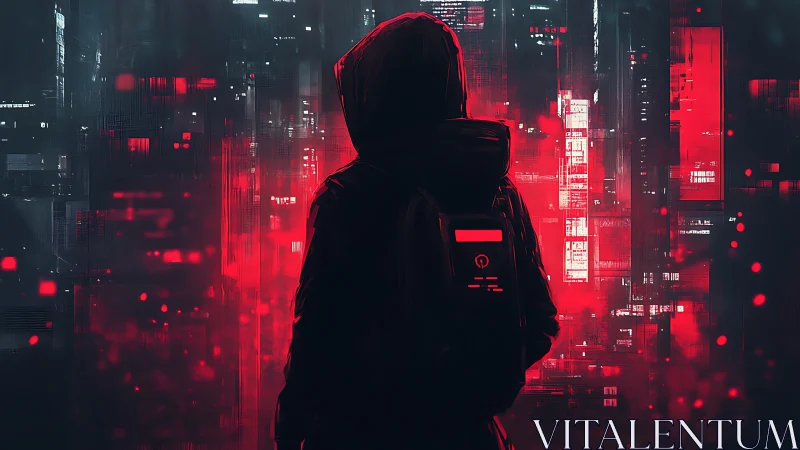Hooded cyberpunk operative facing red encrypted city grid