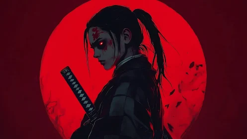 Silent warrior stands firm before a haunting crimson moon