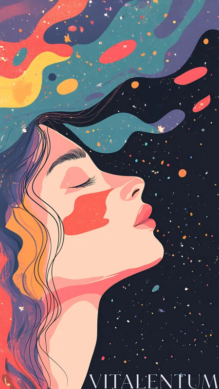 Side-profile portrait merges stylized female face with cosmic nebula