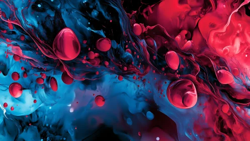 Red liquid spheres float through turbulent blue fluid field