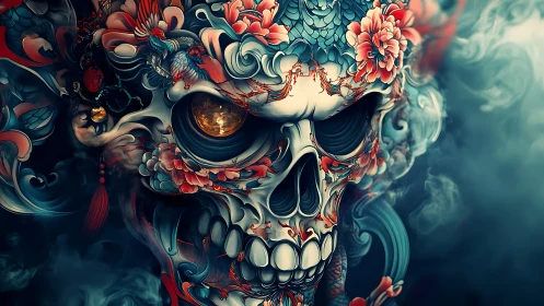 Ornate flaming skull with floral baroque tribal detailing.