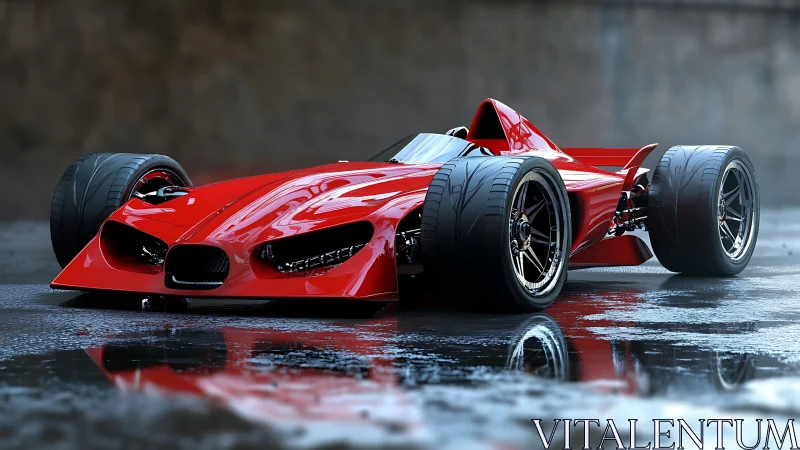 Low-slung red single-seater hypercar on wet reflective asphalt