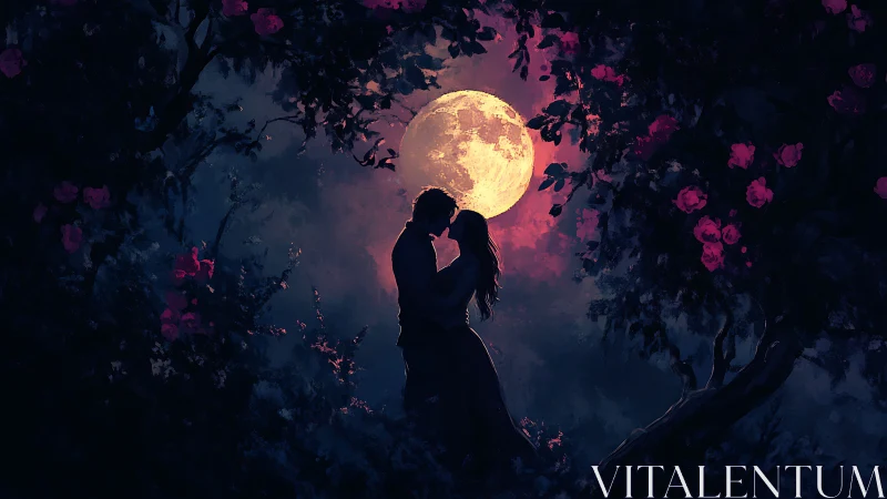 Moonlit Silhouette: Romantic Couple Under Full Moon.