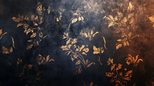 Oxidized floral stencil on distressed metallic ground surface.