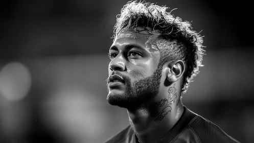 High-contrast monochrome portrait of intense football player