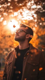 Autumn portrait in golden backlight with drifting leaves.
