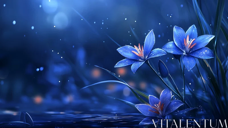 Blue flowers glow above reflective water in nocturnal scene
