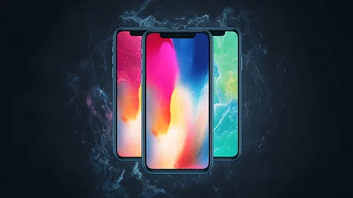 Bezel-less smartphones with glowing abstract neon displays.
