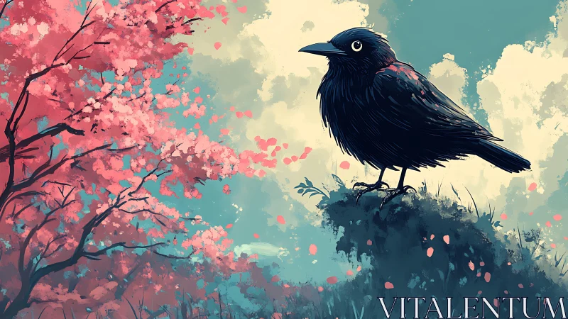 Solitary crow perches beside stylized cherry blossoms at dawn