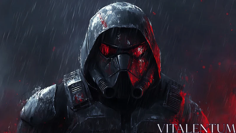 Digital painting of armored hooded trooper in red rainstorm.