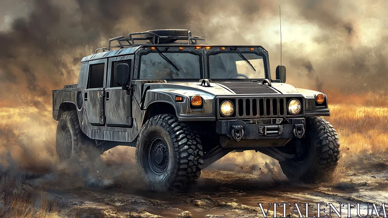 Armored off-road truck charges through muddy battlefield smoke.