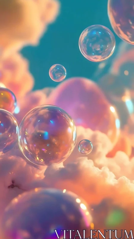 Iridescent soap bubbles drifting above pastel clouds.