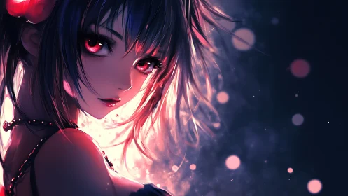 Crimson-eyed anime girl in luminous night glow.