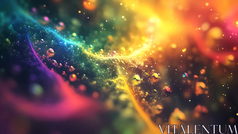 Colorful cosmic waves with glowing abstract particles.