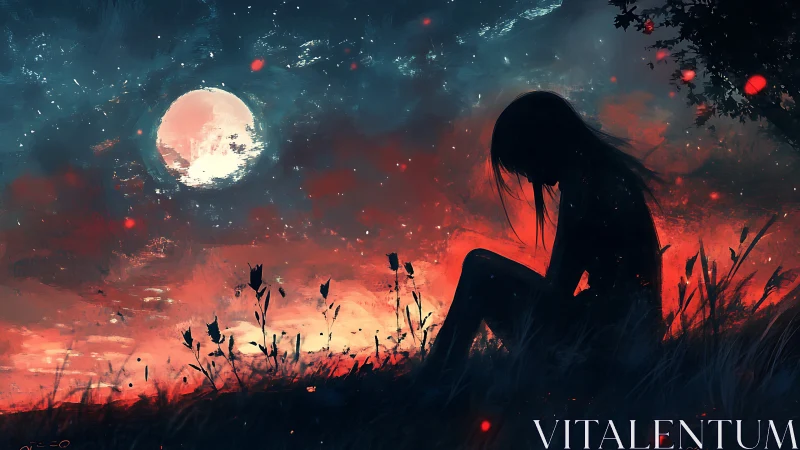 Silhouetted girl under moonlit sky in fiery twilight field.