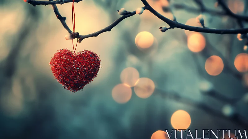 Red Heart Ornament Hanging from Frosted Branch.
