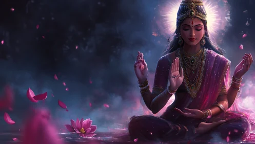 Divine meditative goddess in lotus pond with radiant halo light