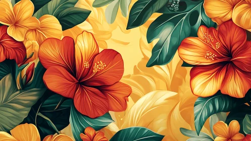 Floral composition with yellow, orange, and red flowers against warm gradient background.